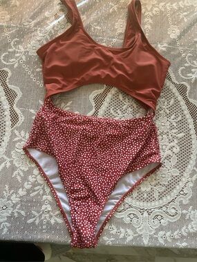 Cupshe Rust Red Polka Dot Cutout One-Piece Swimsuit
